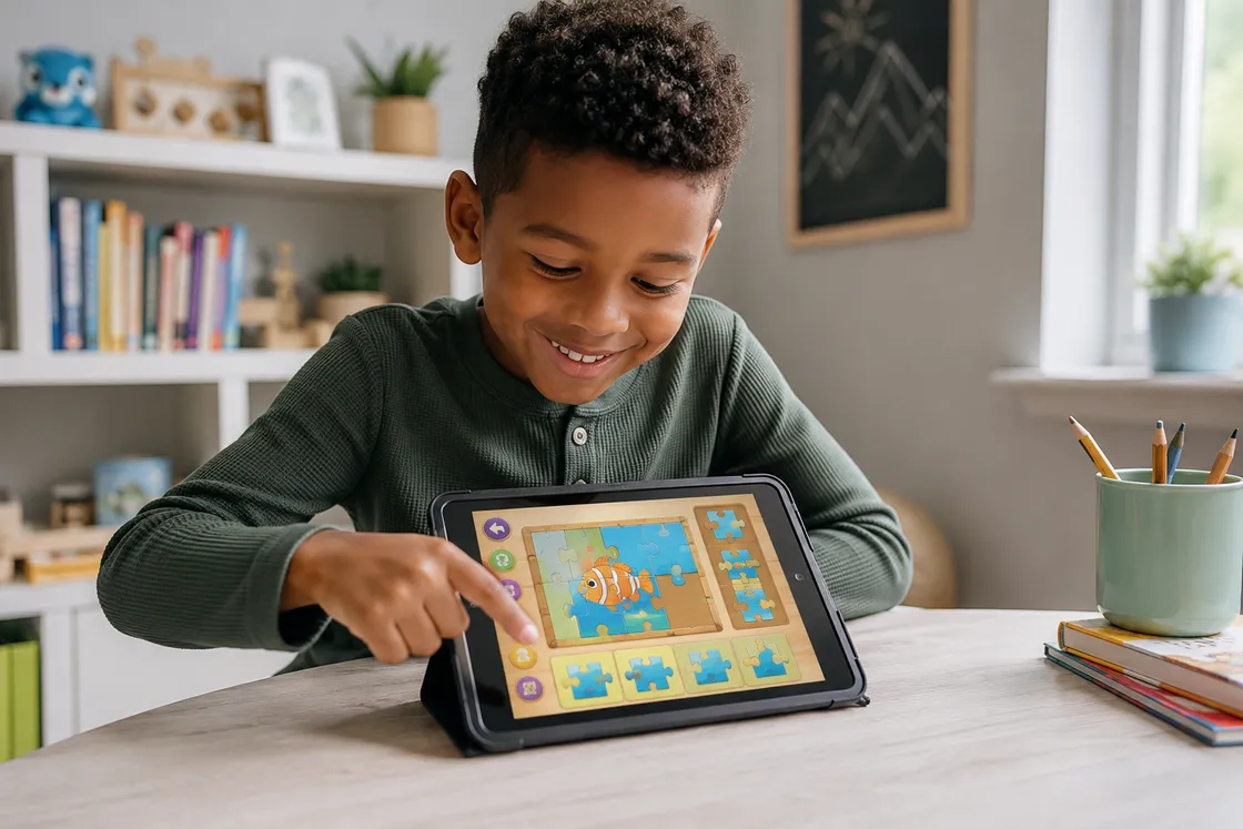 A child playing an educational puzzle game